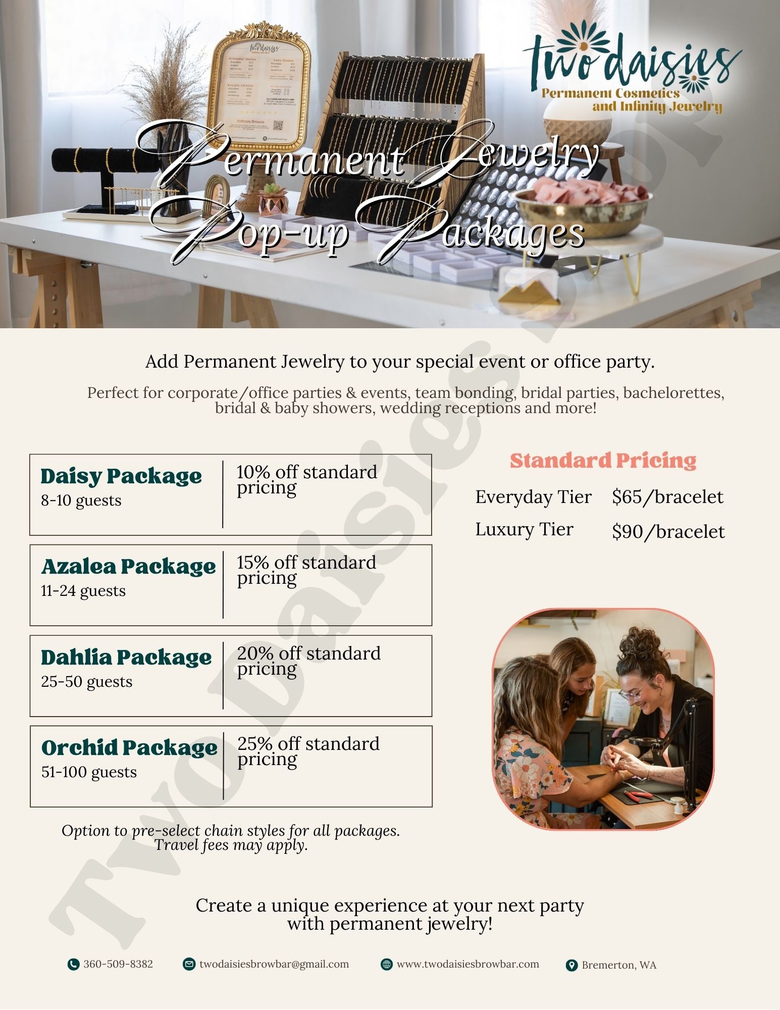 Editable Templates: Permanent Jewelry Business Event Pricing Sheet + Private Party Upgrades & Add-ons Menu