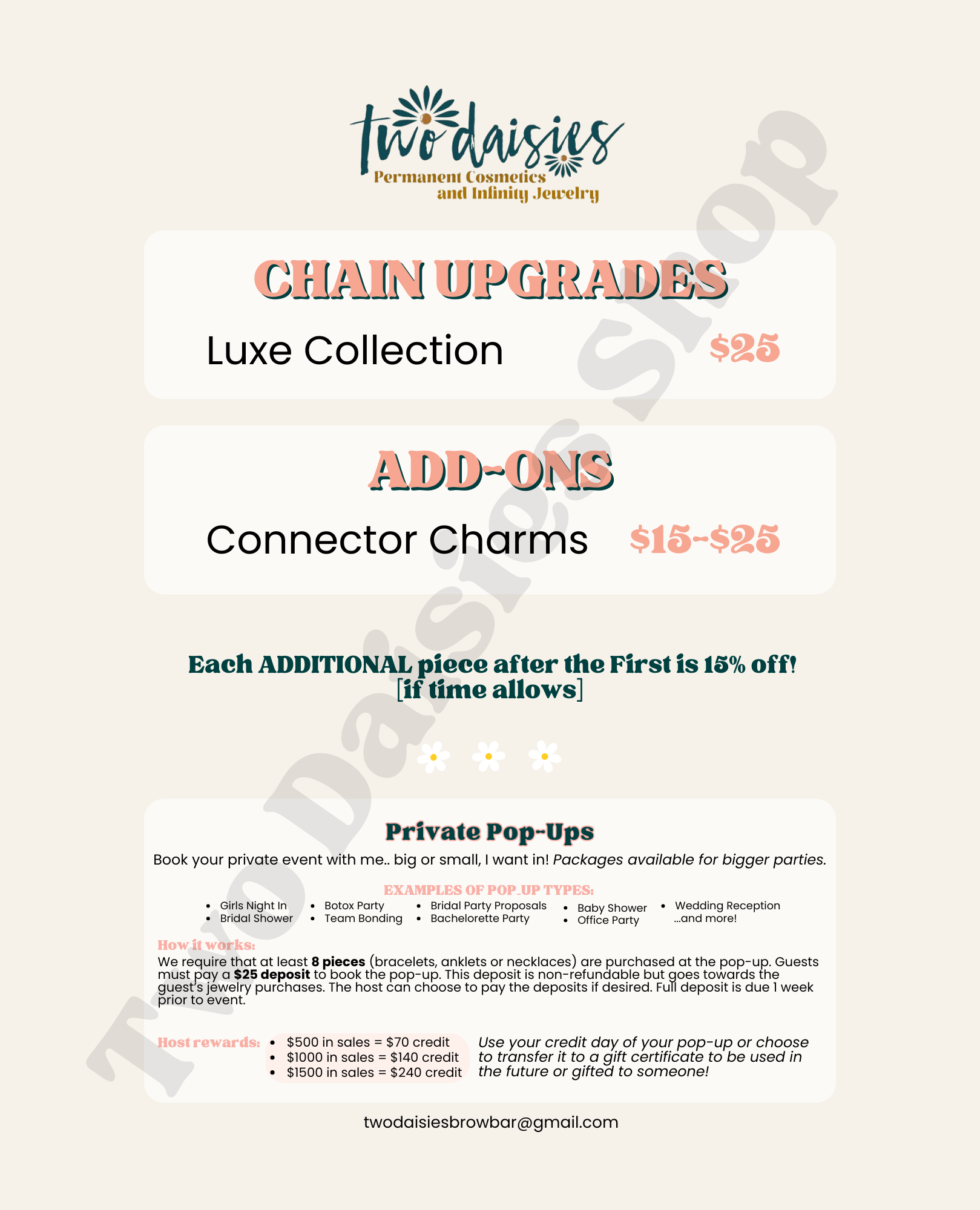 Editable Templates: Permanent Jewelry Business Event Pricing Sheet + Private Party Upgrades & Add-ons Menu