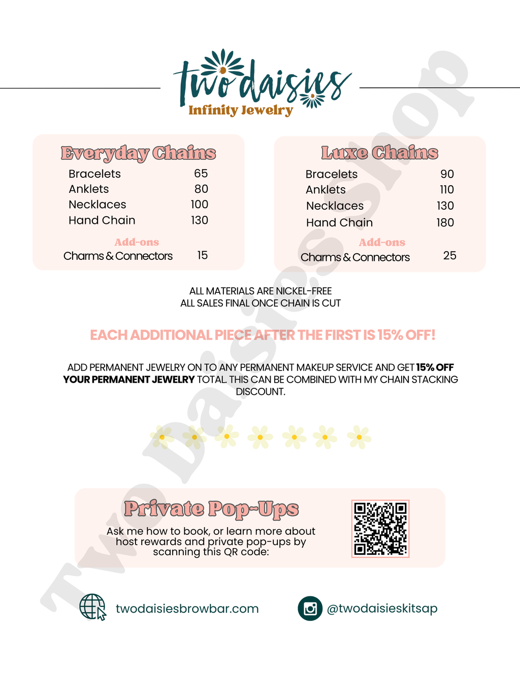 Editable Templates: Permanent Jewelry Business Pricing menus/signs + pamphlet + Consent Form QR code sign