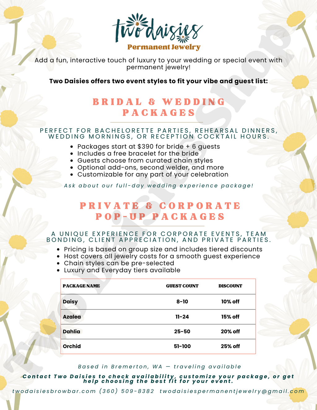 Editable Templates: Permanent Jewelry Business Bridal Packages Brochure + Bridal Packages mini-menu