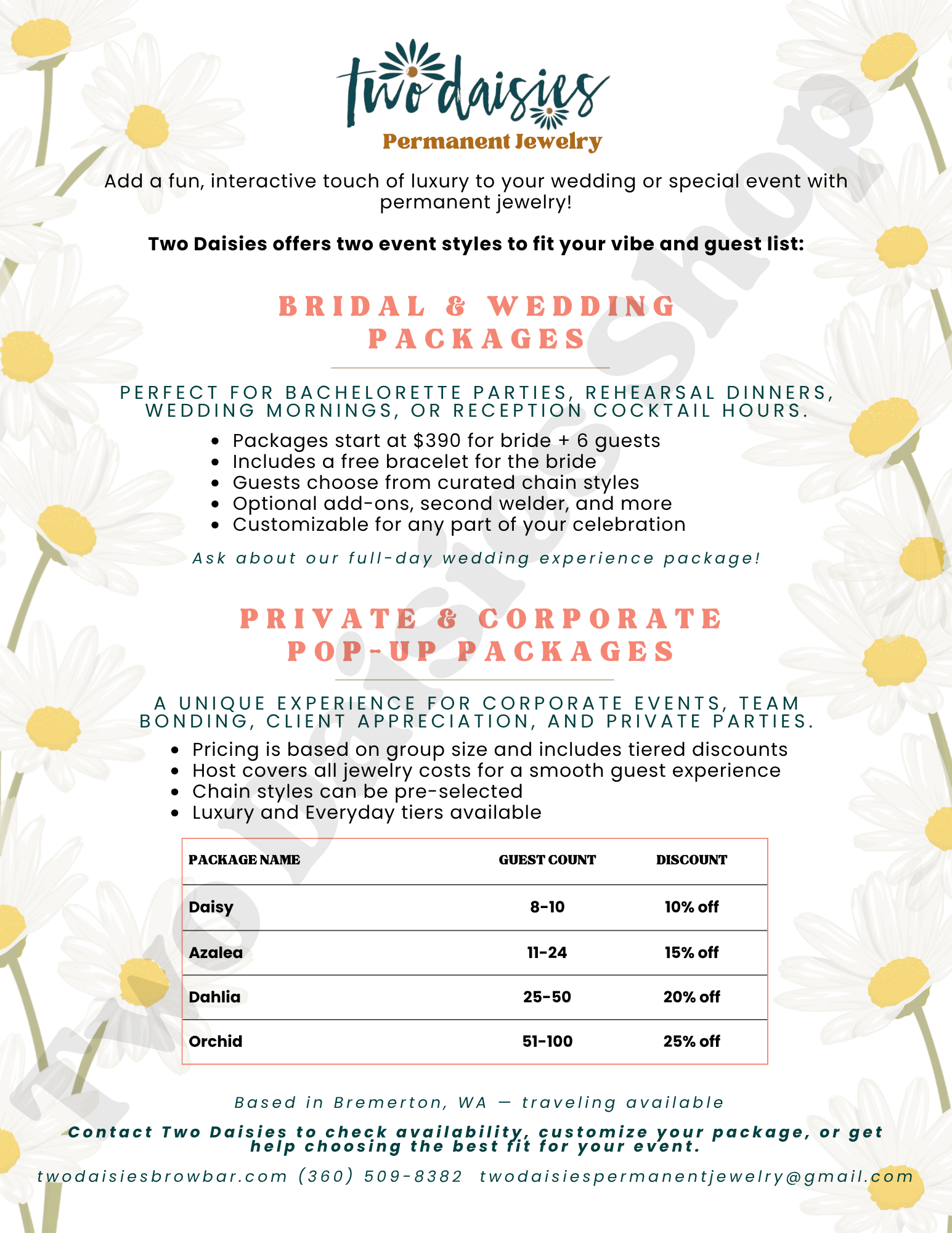 Editable Templates: Permanent Jewelry Business Bridal Packages Brochure + Bridal Packages mini-menu