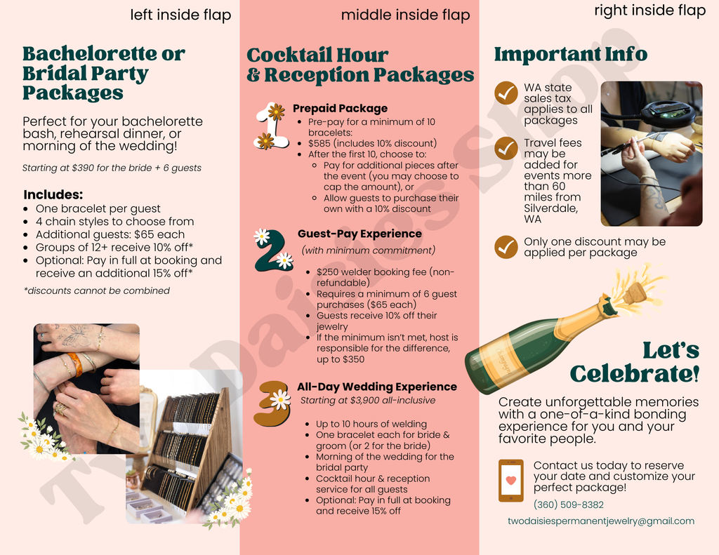 Editable Templates: Permanent Jewelry Business Bridal Packages Brochure + Bridal Packages mini-menu