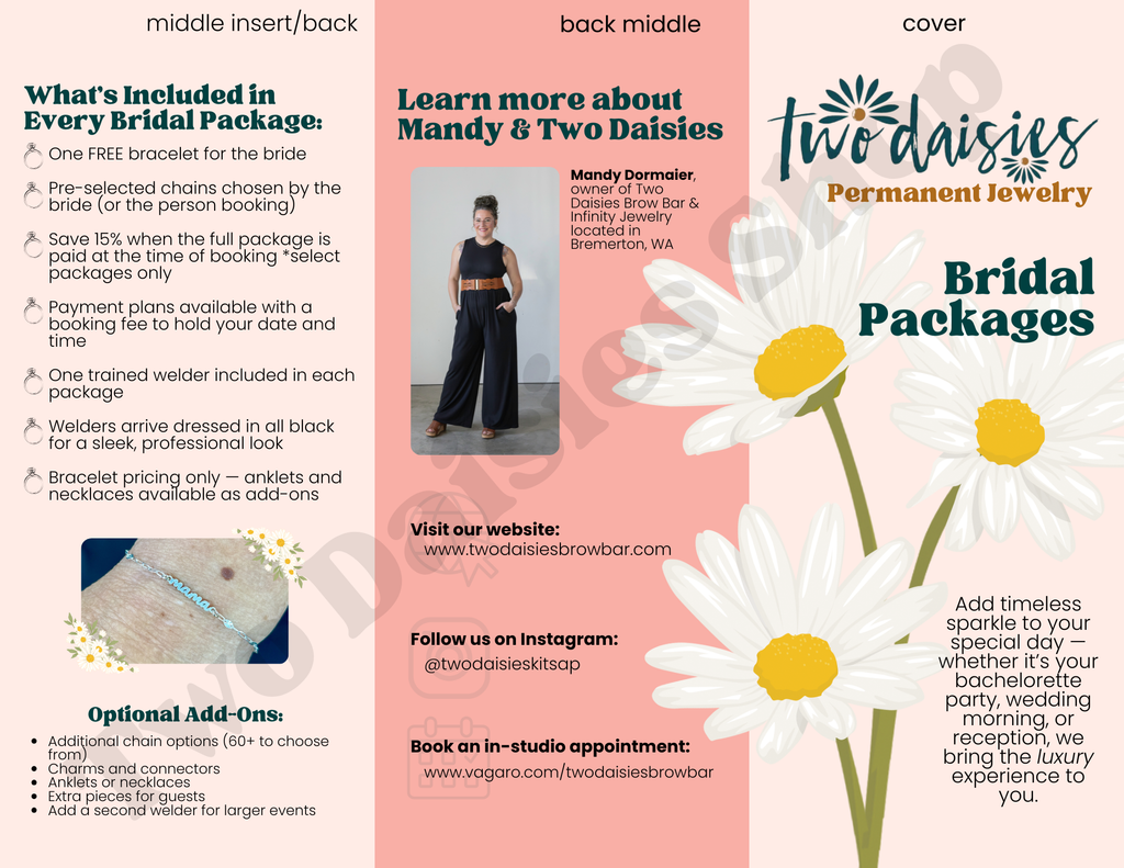 Editable Templates: Permanent Jewelry Business Bridal Packages Brochure + Bridal Packages mini-menu